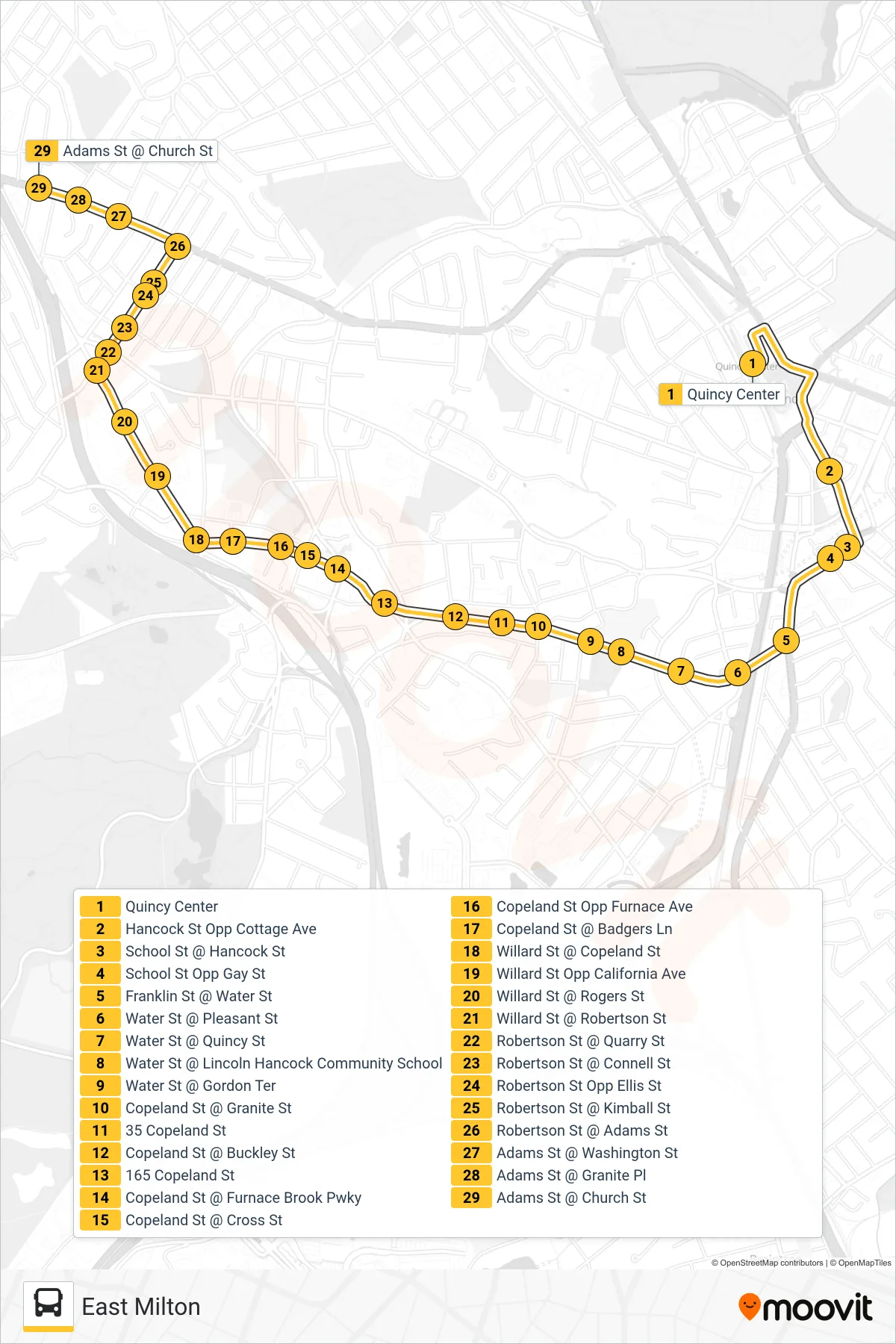 215 bus Line (East Milton) route and stops on a map