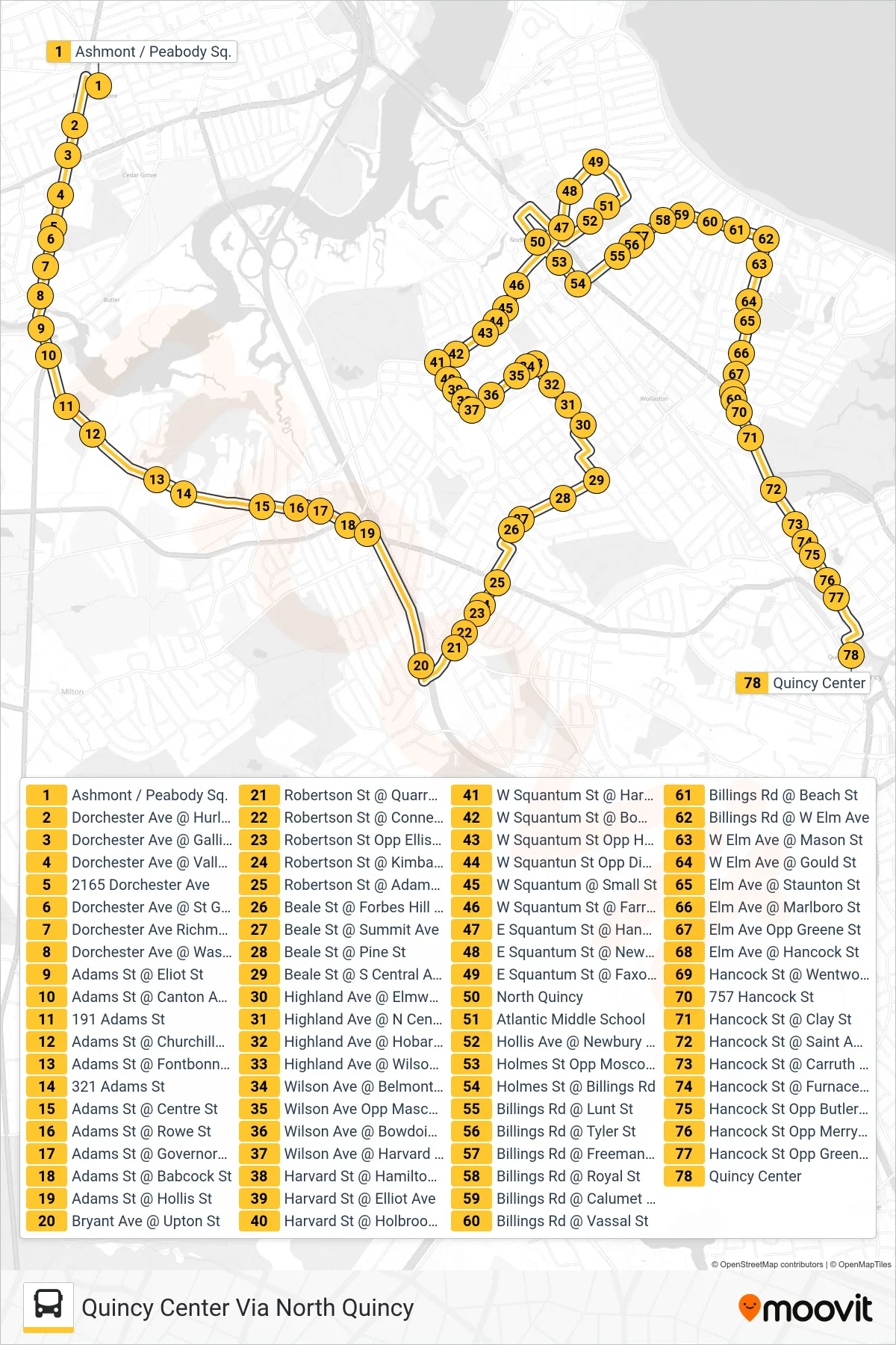 217 bus Line (Quincy Center Via North Quincy) route and stops on a map