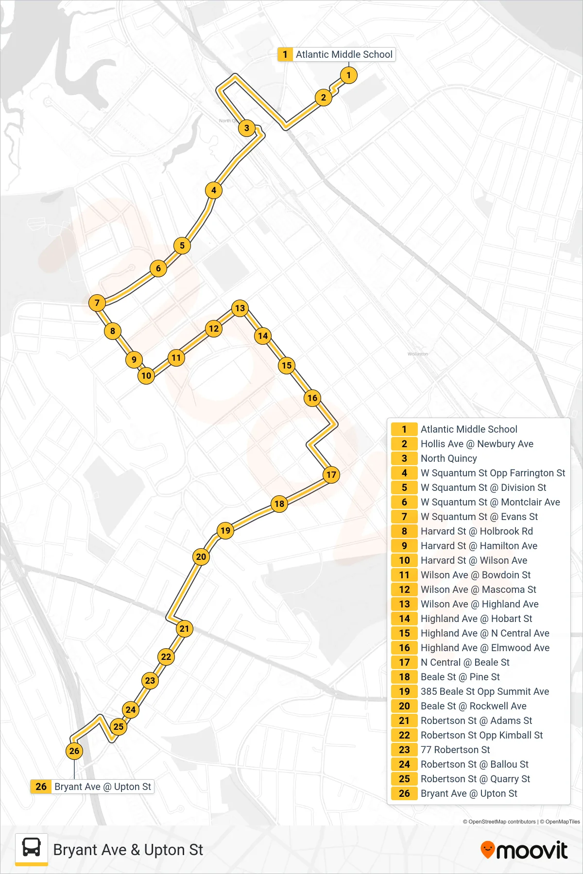 217 bus Line (Bryant Ave & Upton St) route and stops on a map