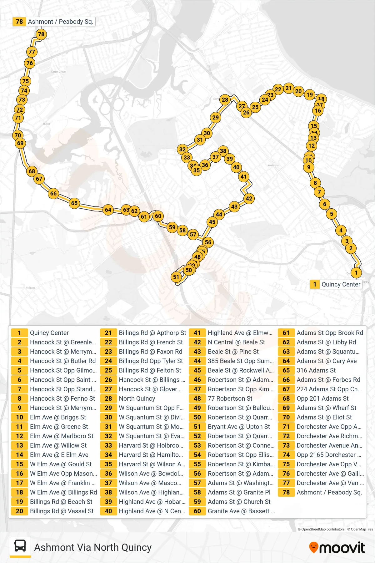 217 bus Line (Ashmont Via North Quincy) route and stops on a map