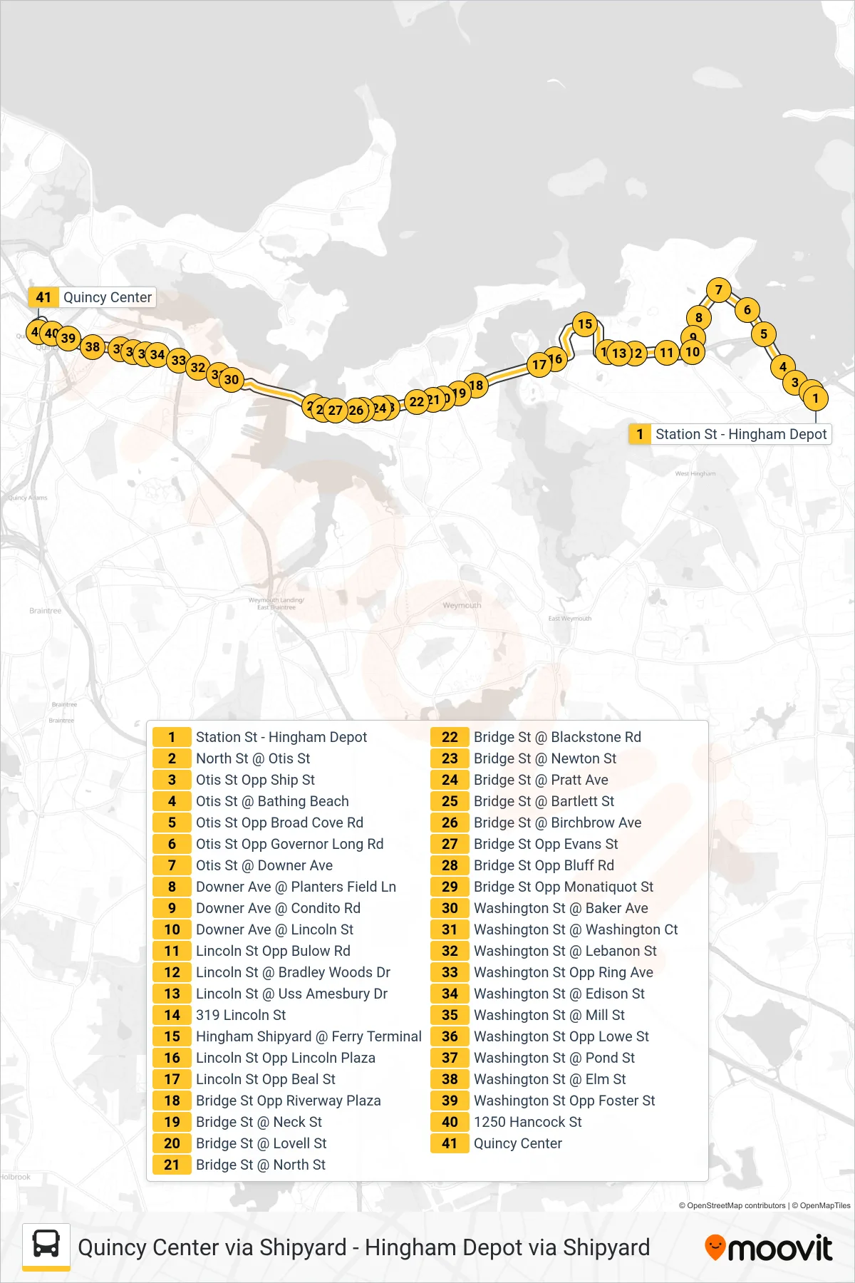 220 bus Line (Quincy Center Via Shipyard) route and stops on a map