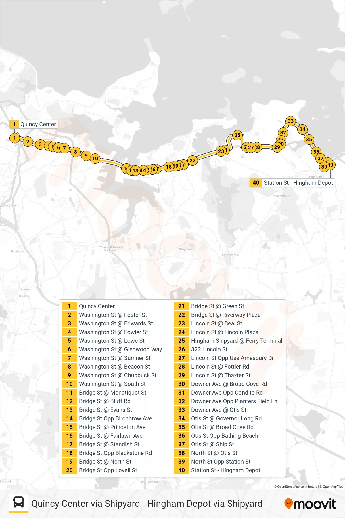 220 bus Line (Hingham Depot Via Shipyard) route and stops on a map