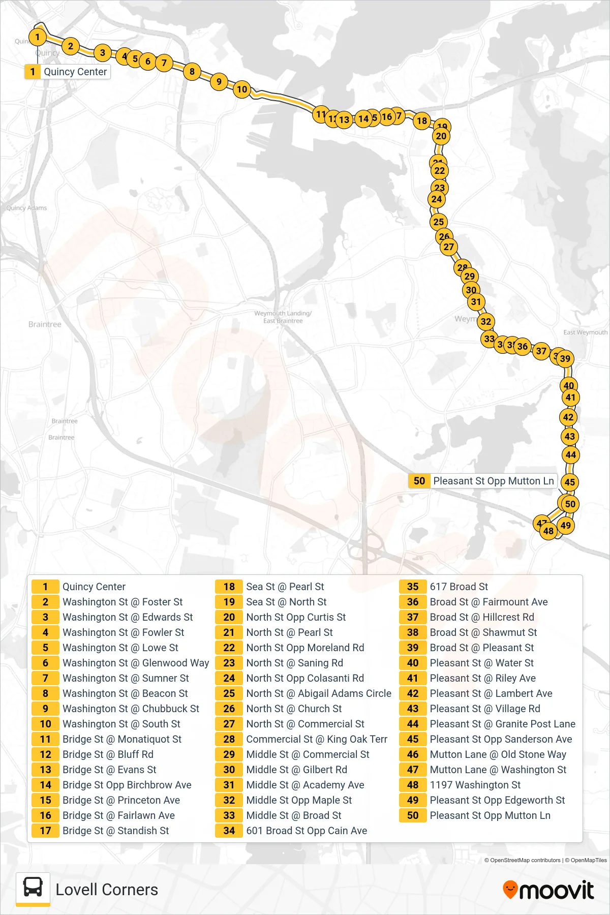 222 bus Line (Lovell Corners) route and stops on a map