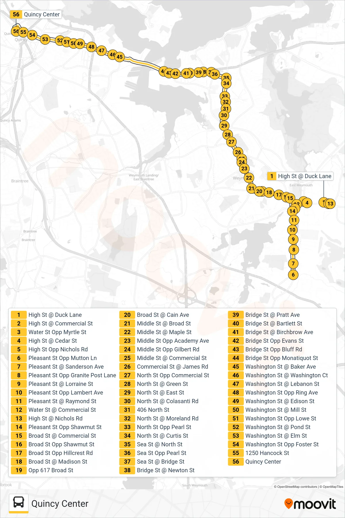 222 bus Line (Quincy Center) route and stops on a map