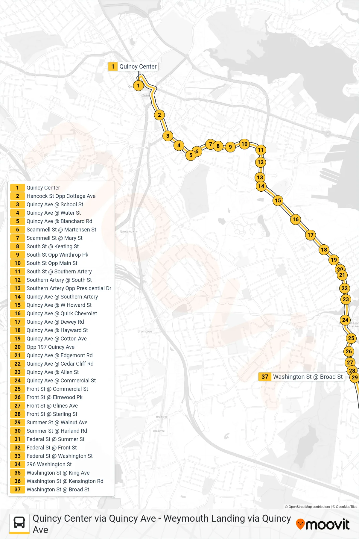 225 bus Line (Weymouth Landing Via Southern Artery) route and stops on a map