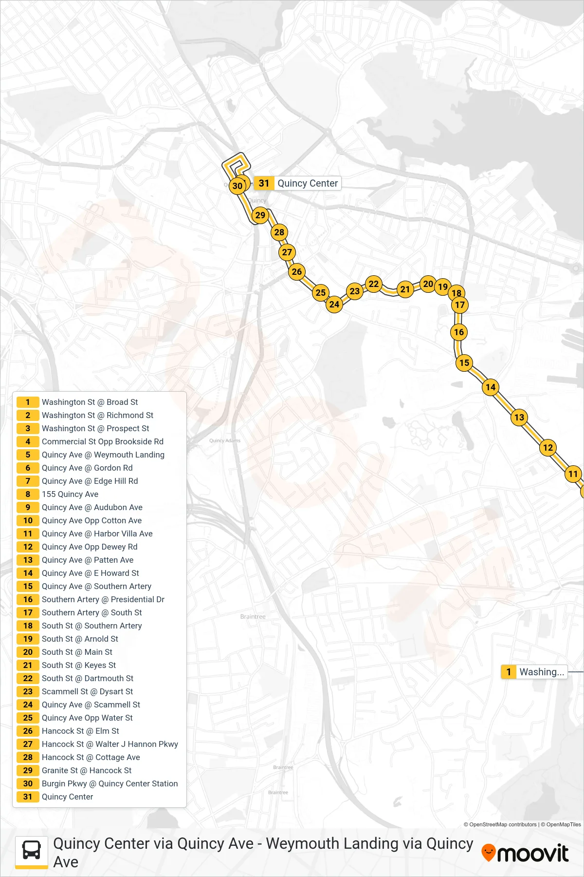 225 bus Line (Quincy Center Via Southern Artery) route and stops on a map