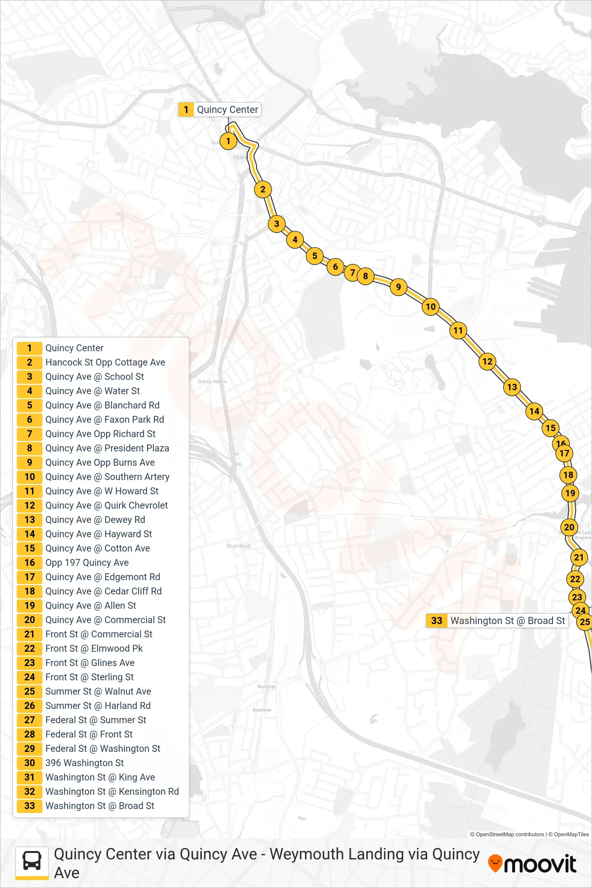 225 bus Line (Weymouth Landing Via Quincy Ave) route and stops on a map