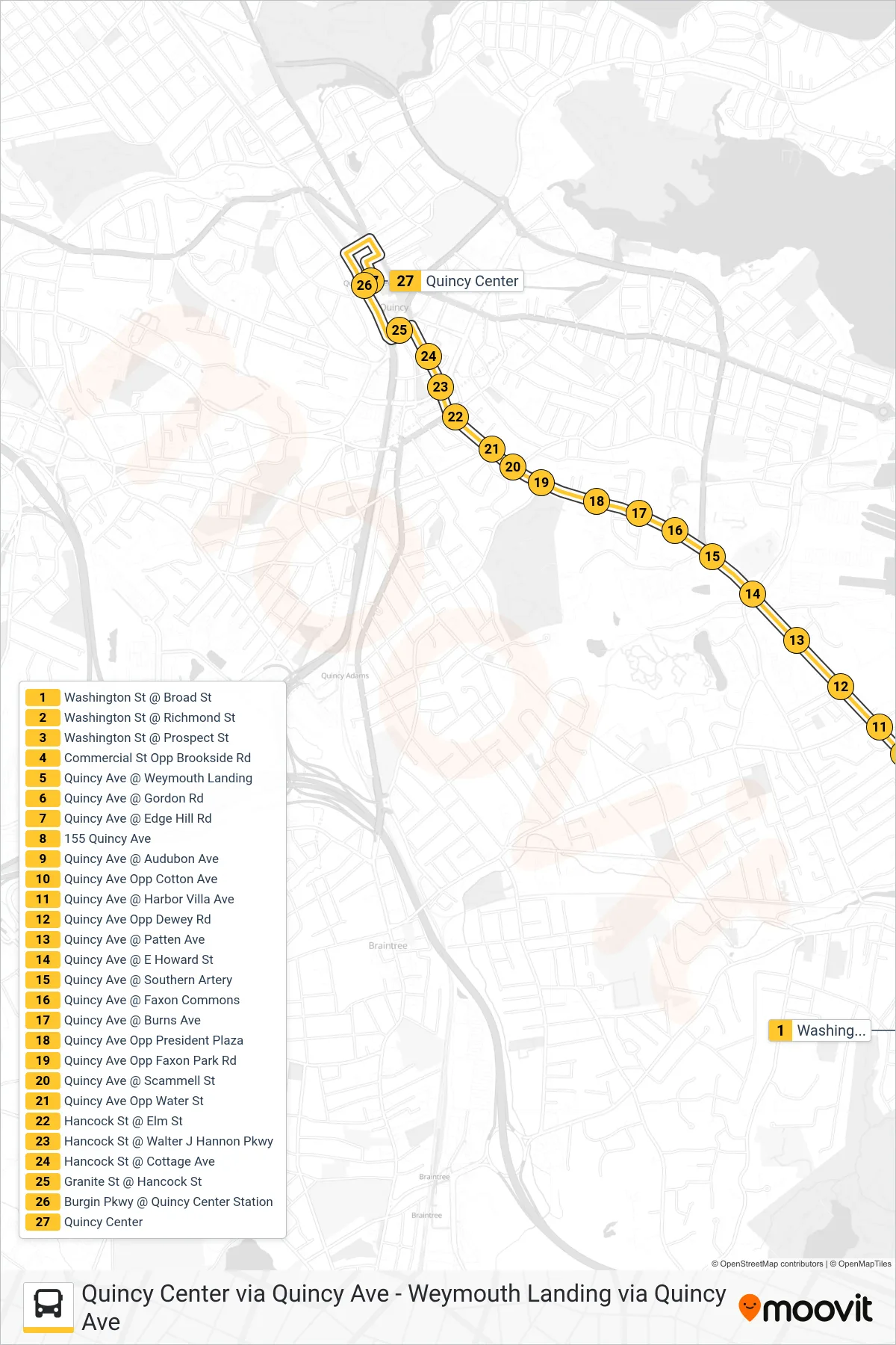 225 bus Line (Quincy Center Via Quincy Ave) route and stops on a map