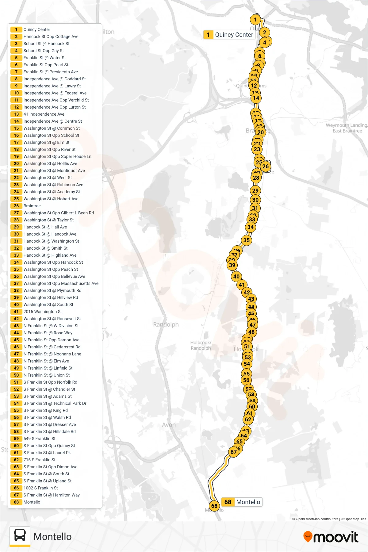 230 bus Line (Montello) route and stops on a map