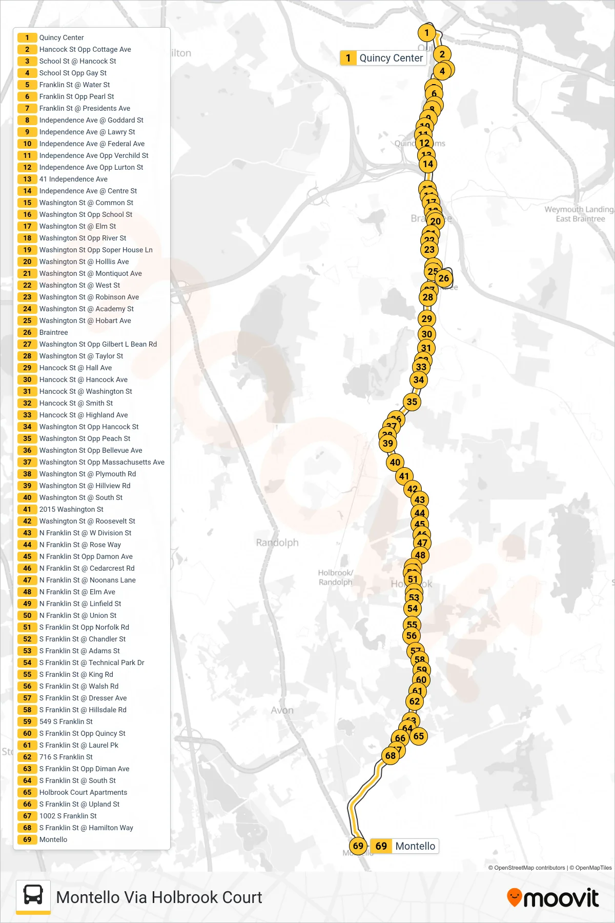 230 bus Line (Montello Via Holbrook Court) route and stops on a map