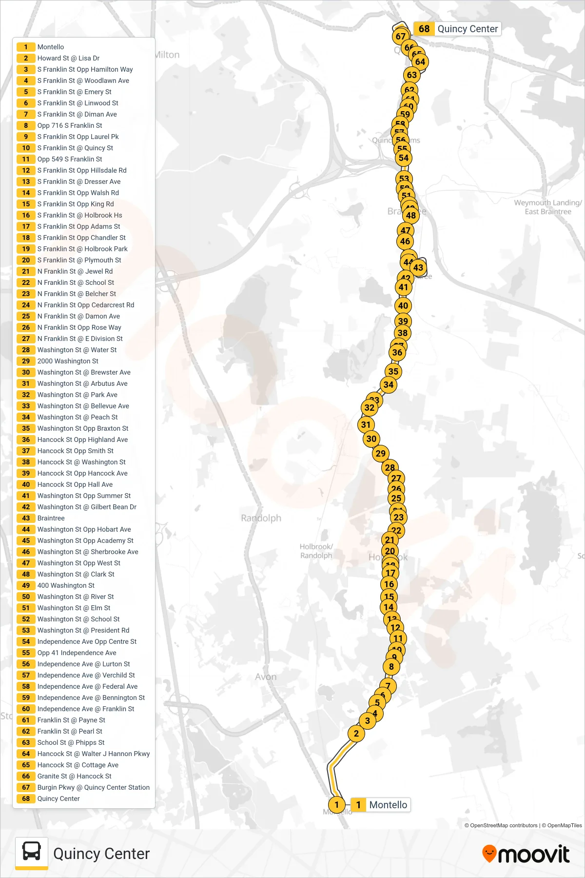230 bus Line (Quincy Center) route and stops on a map