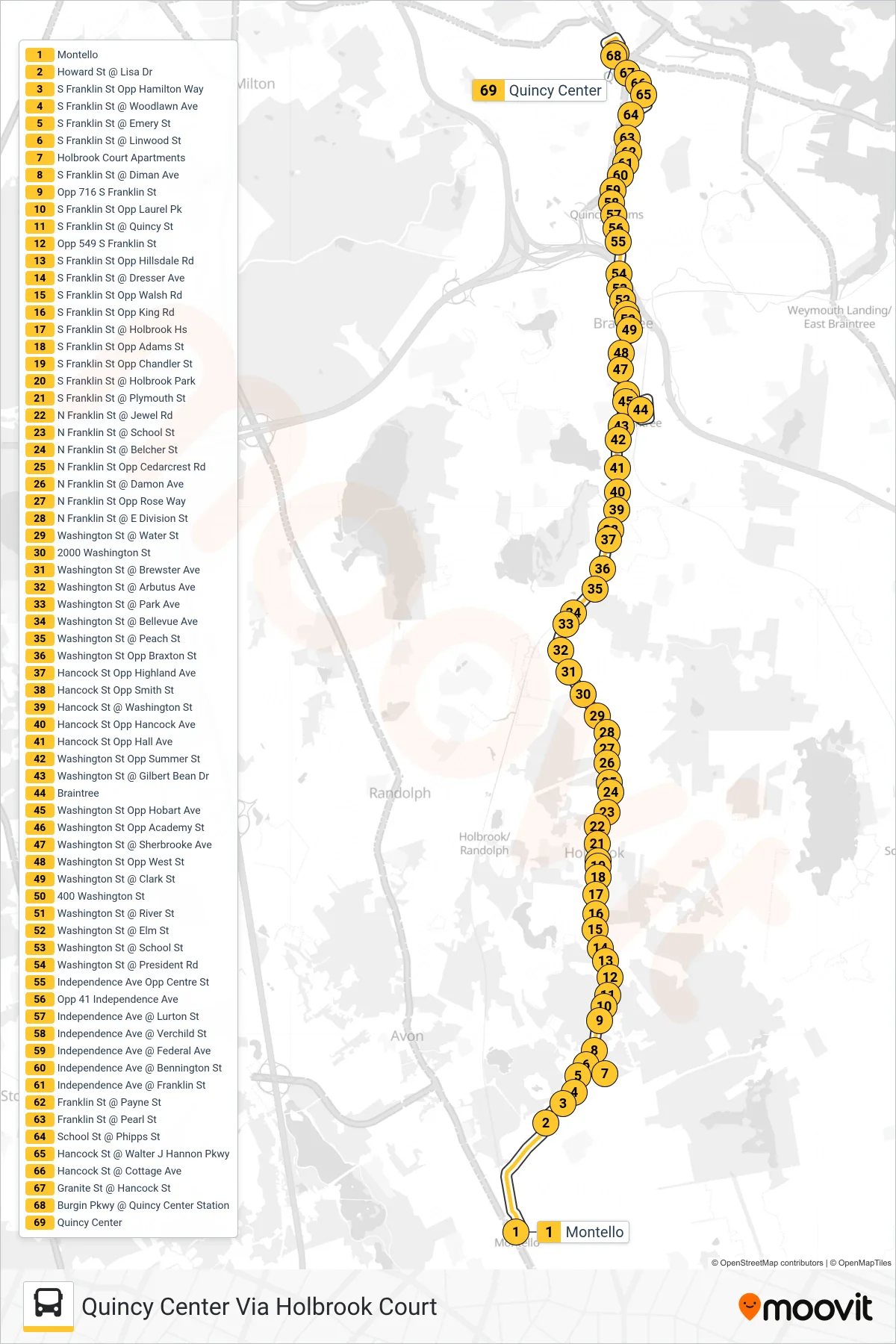 230 bus Line (Quincy Center Via Holbrook Court) route and stops on a map