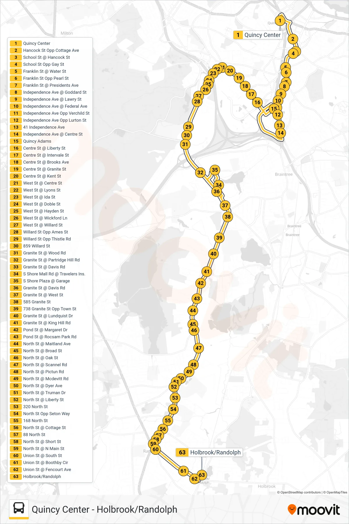 238 bus Line (Holbrook/Randolph) route and stops on a map