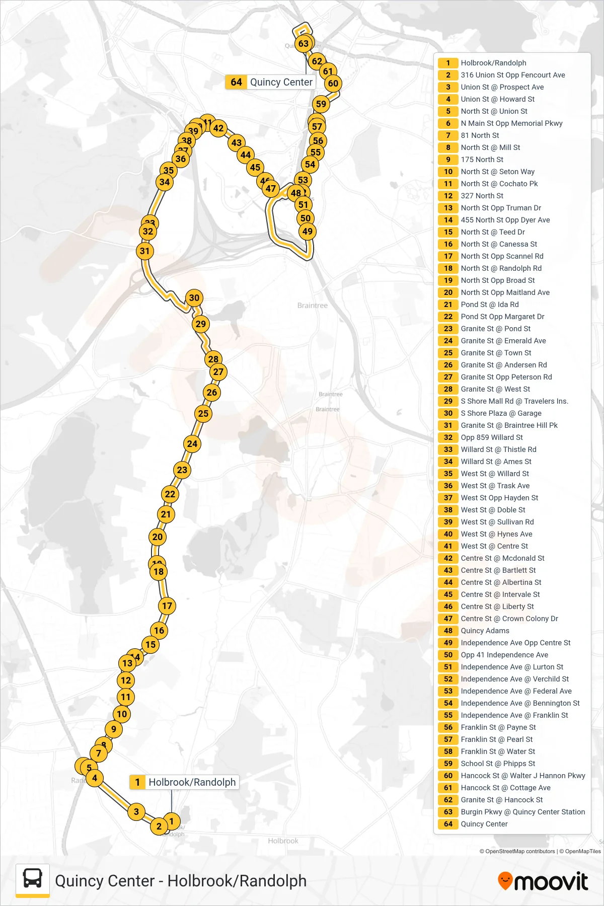 238 bus Line (Quincy Center) route and stops on a map