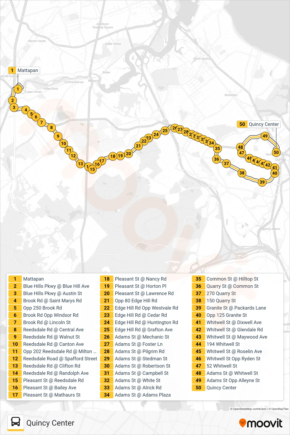245 bus Line (Quincy Center) route and stops on a map