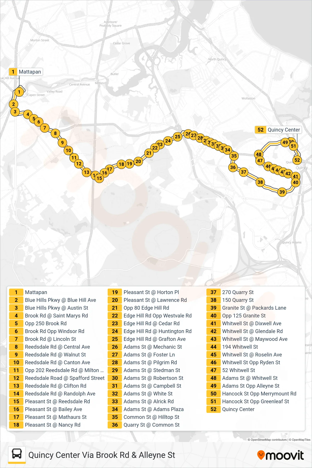 245 bus Line (Quincy Center Via Brook Rd & Alleyne St) route and stops on a map