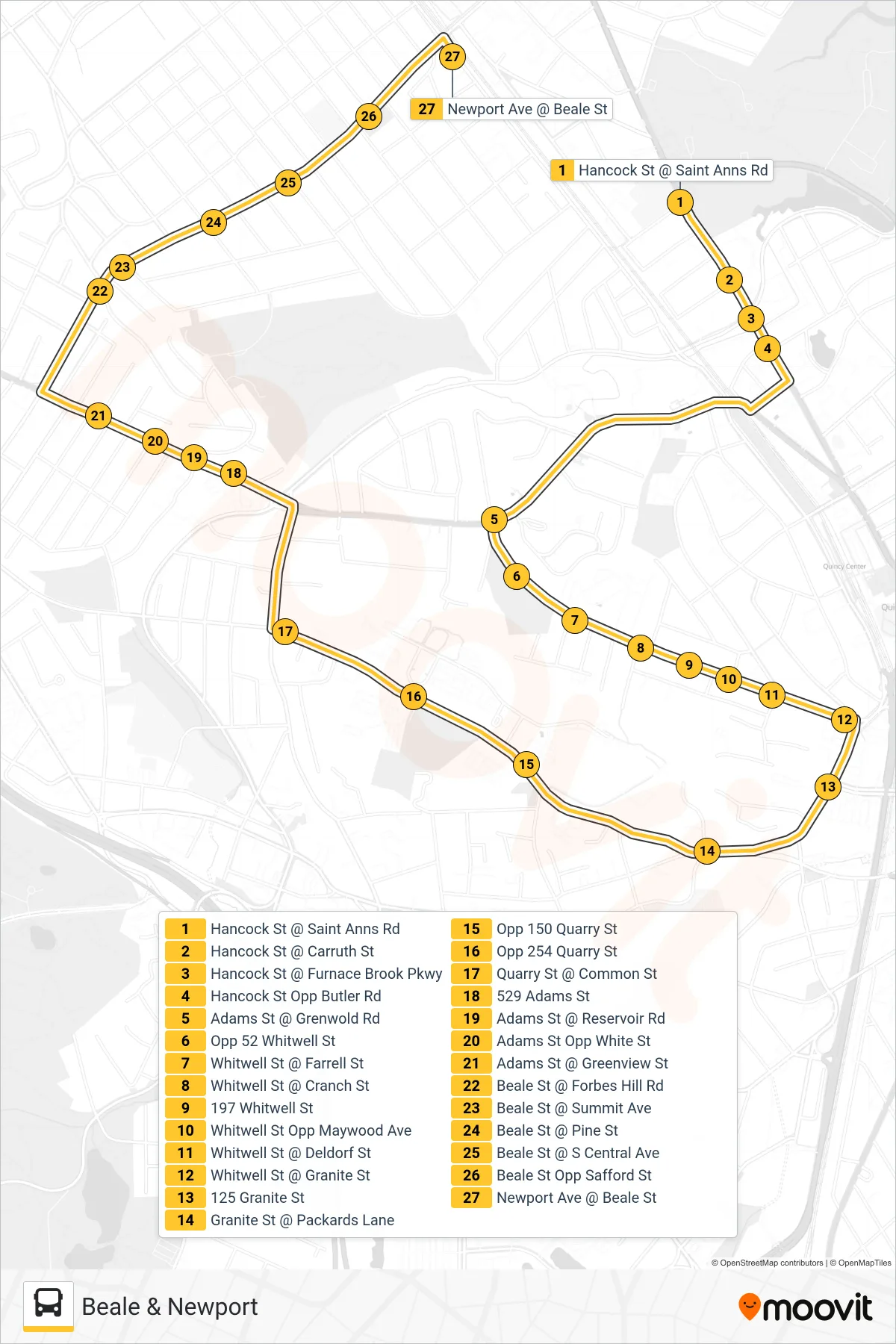 245 bus Line (Beale & Newport) route and stops on a map
