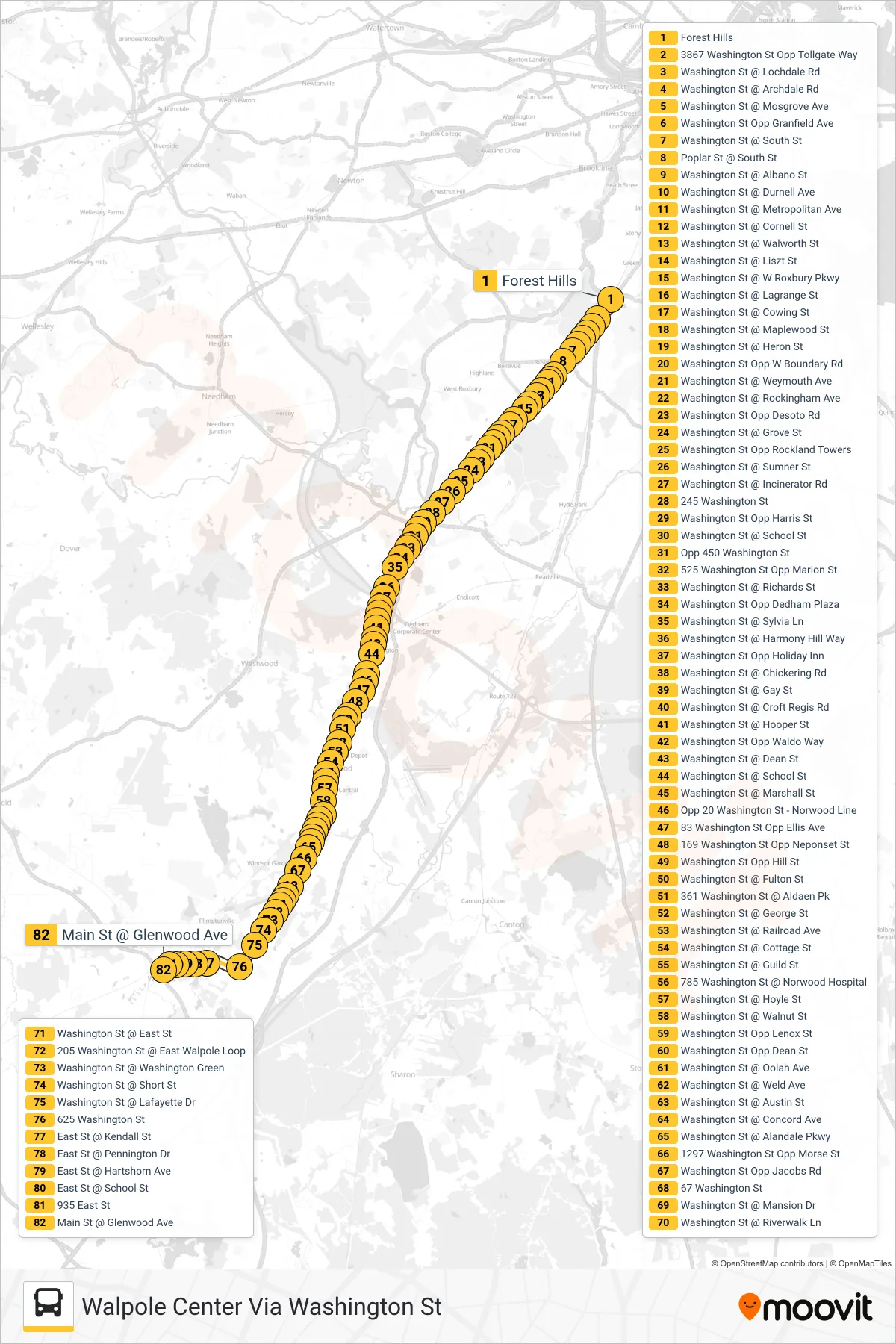 34E bus Line (Walpole Center Via Washington St) route and stops on a map