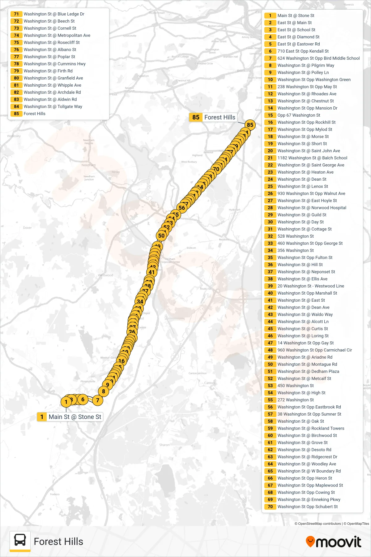 34E bus Line (Forest Hills) route and stops on a map
