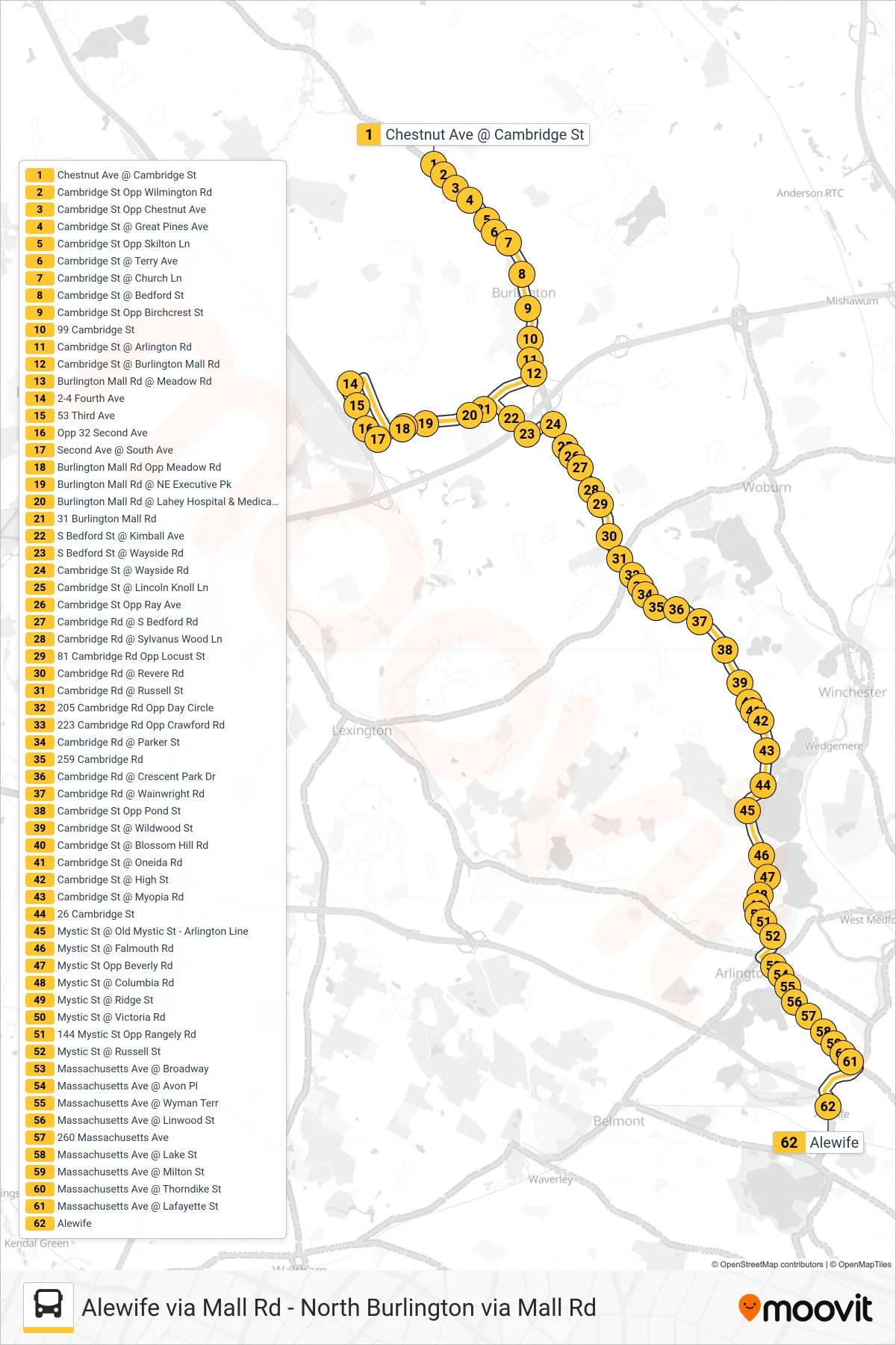 350 bus Line (Alewife Via Mall Rd) route and stops on a map