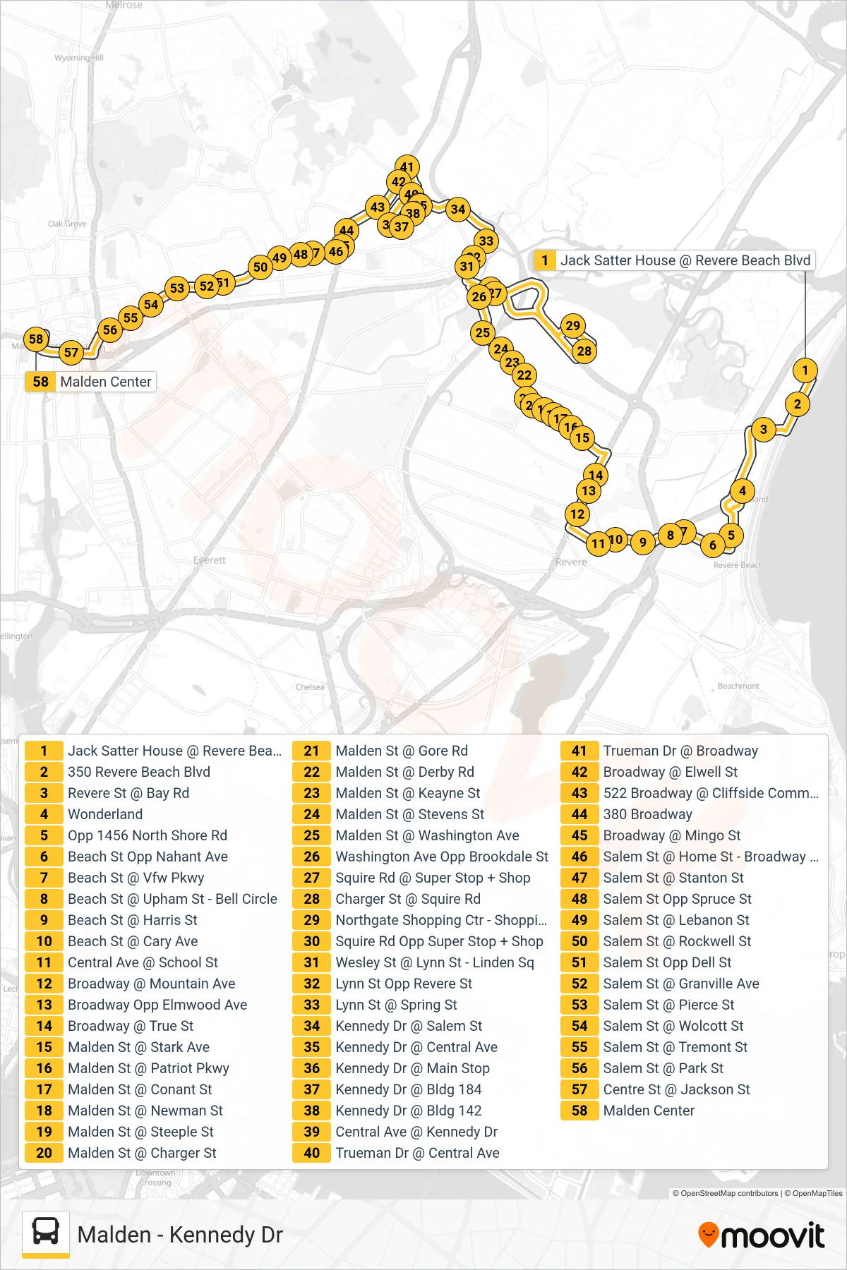 411 bus Line (Malden) route and stops on a map