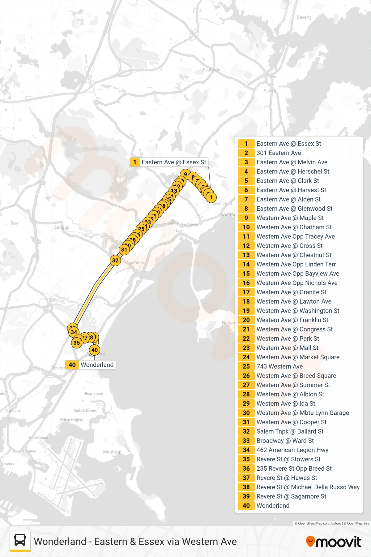 424 bus Line (Wonderland) route and stops on a map