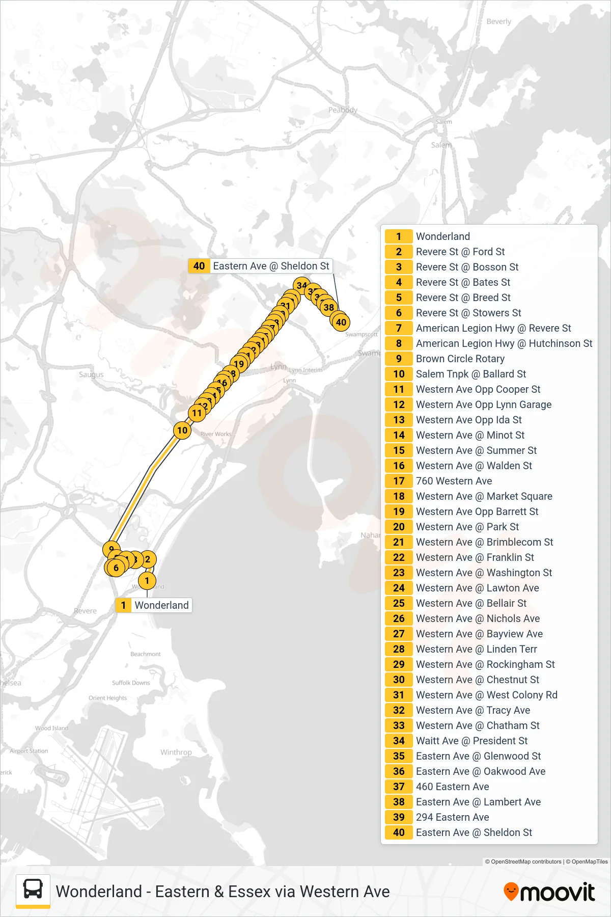 424 bus Line (Eastern & Essex Via Western Ave) route and stops on a map