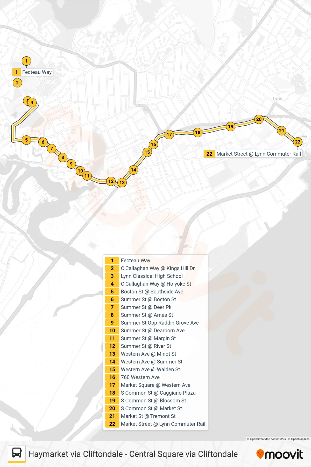 426 bus Line (Central Square) route and stops on a map