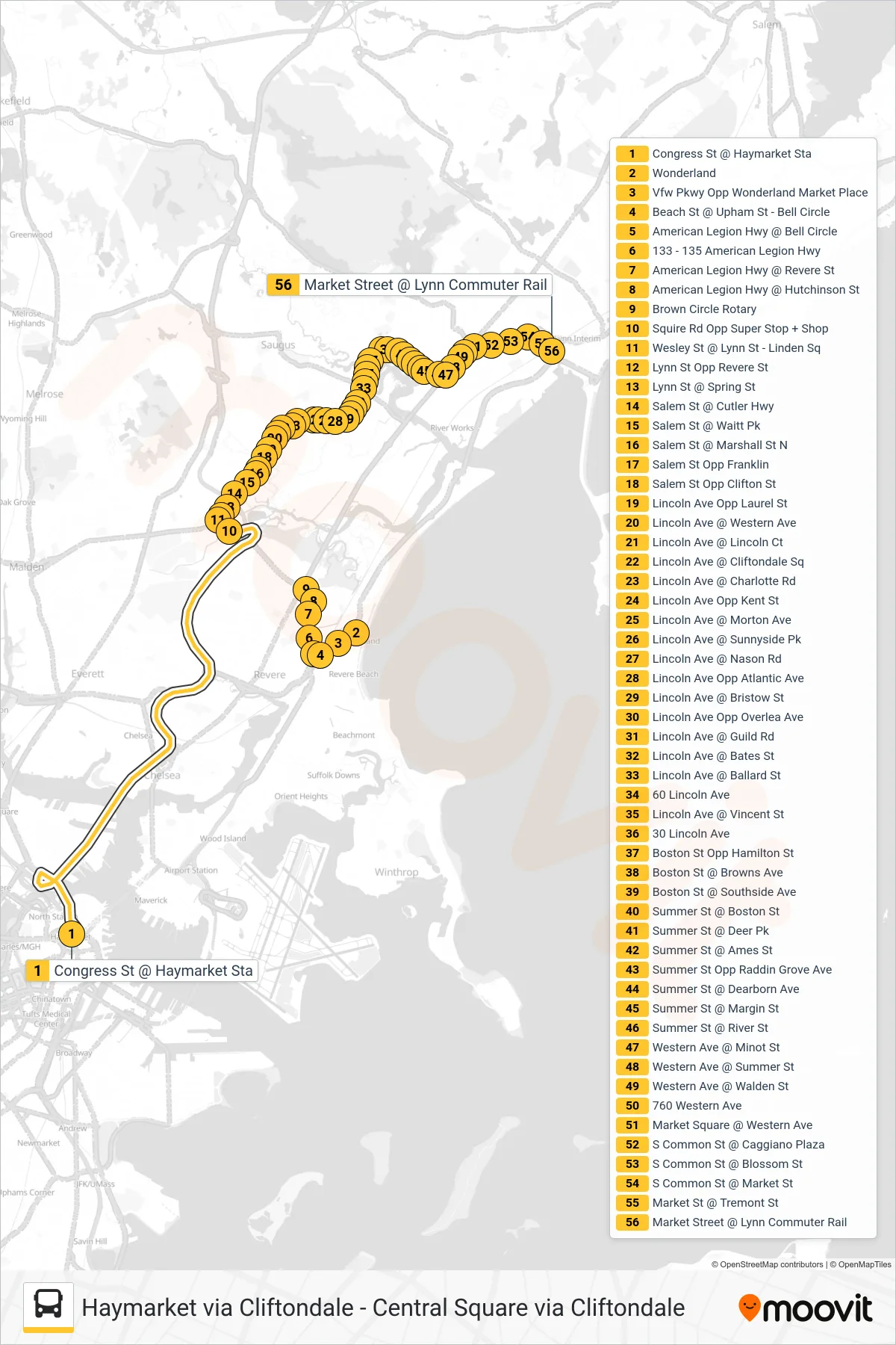 426 bus Line (Central Square Via Cliftondale) route and stops on a map