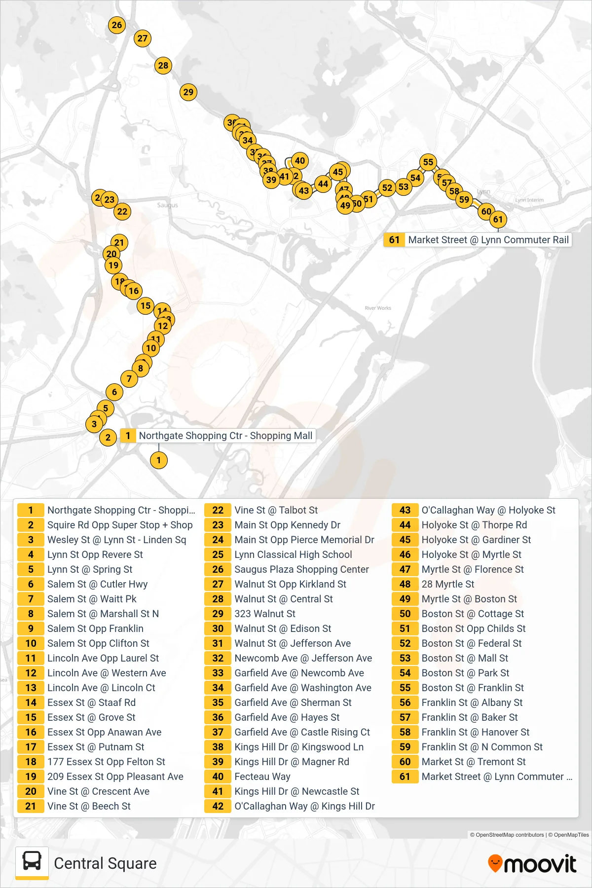 429 bus Line (Central Square) route and stops on a map