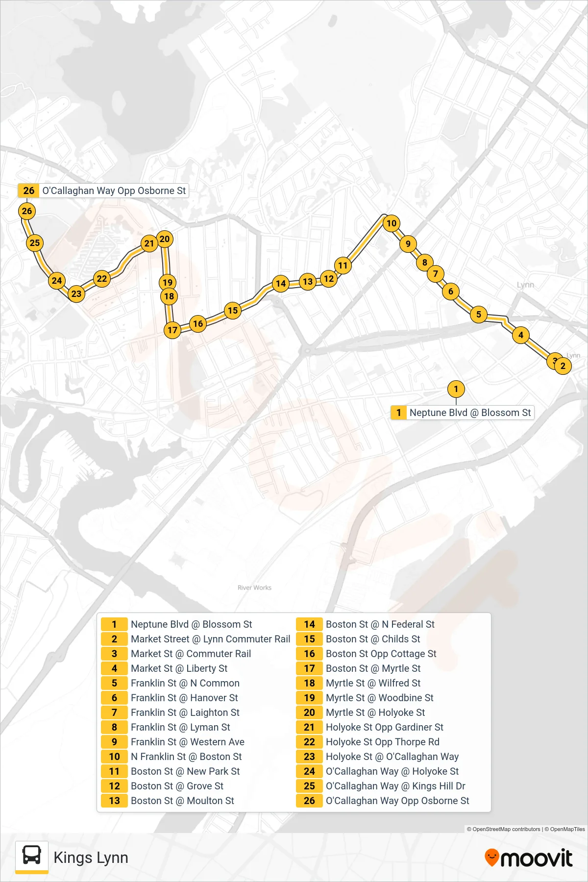 429 bus Line (Kings Lynn) route and stops on a map