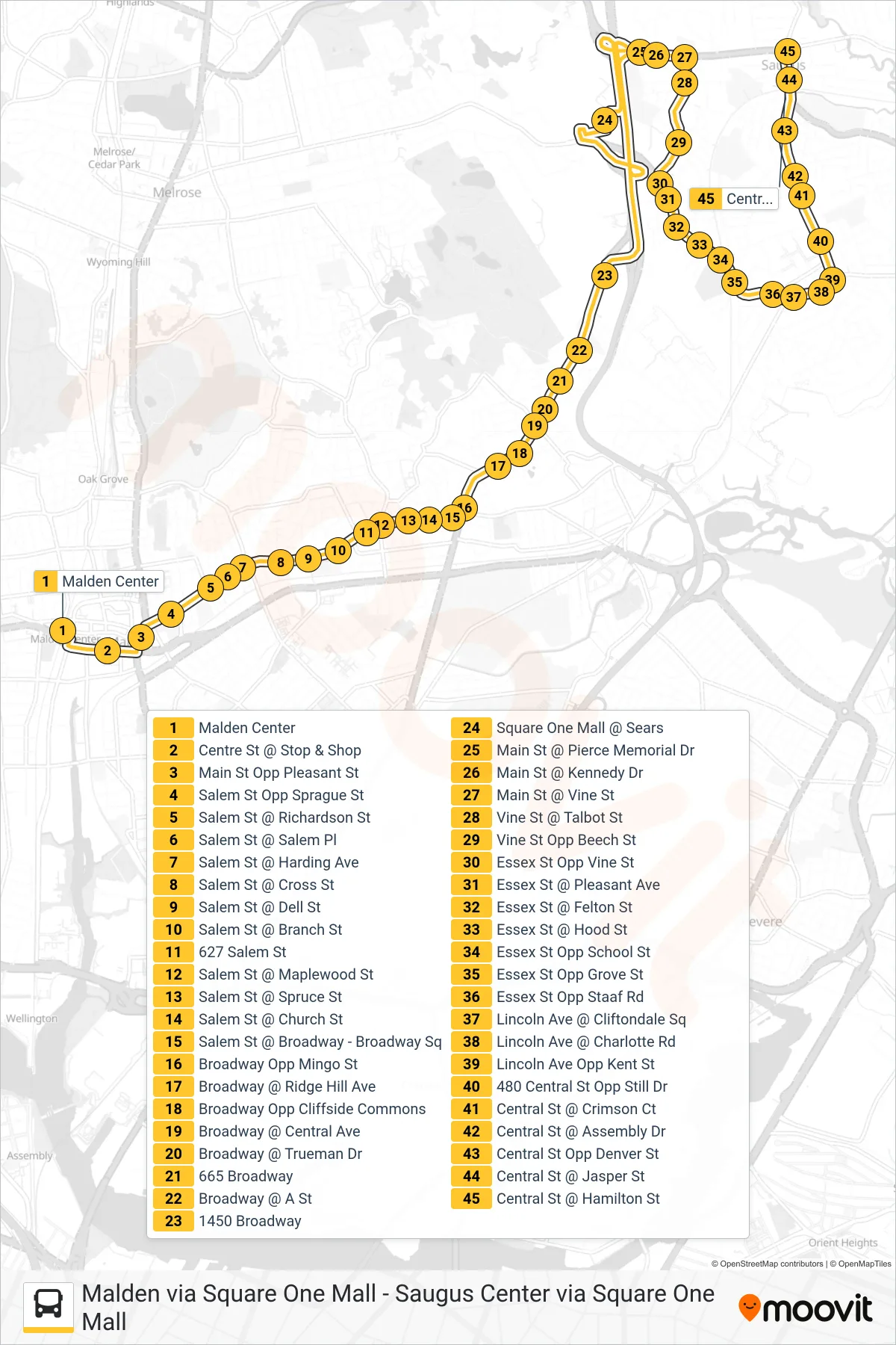 430 bus Line (Saugus Center Via Square One Mall) route and stops on a map