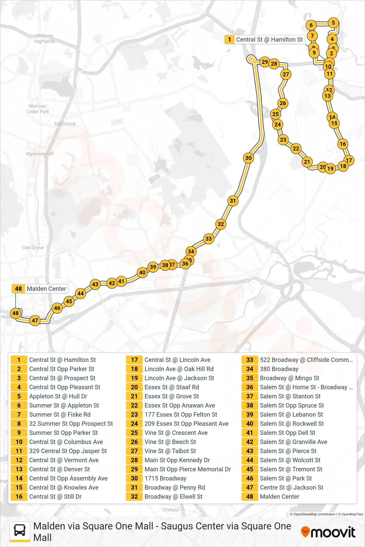 430 bus Line (Malden) route and stops on a map