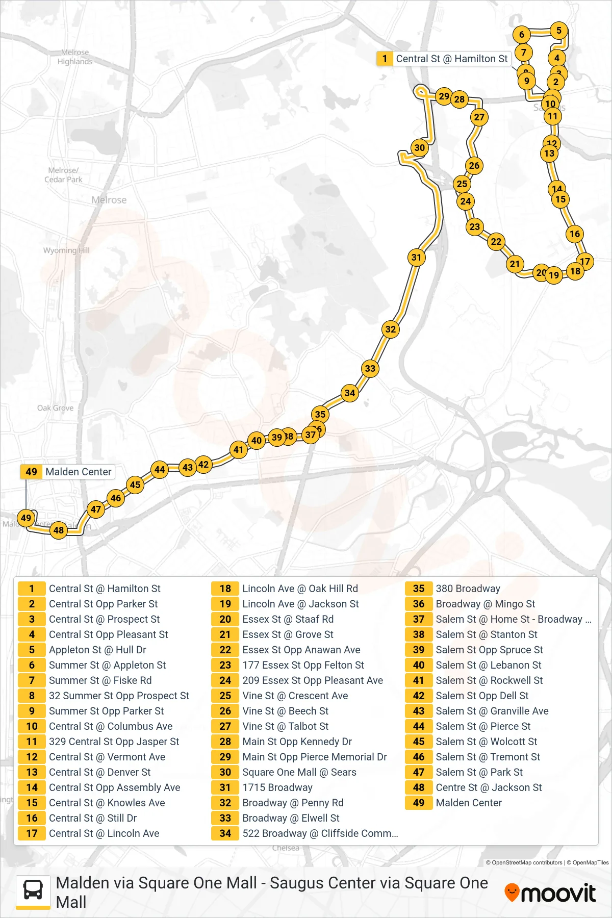 430 bus Line (Malden Via Square One Mall) route and stops on a map