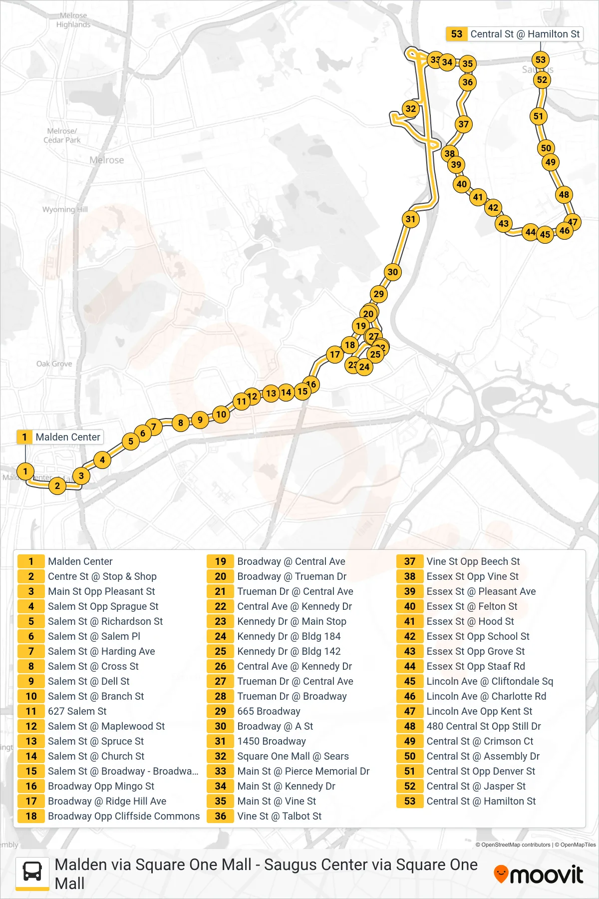 430 bus Line (Saugus Center Via Kennedy Dr & Square One Mall) route and stops on a map