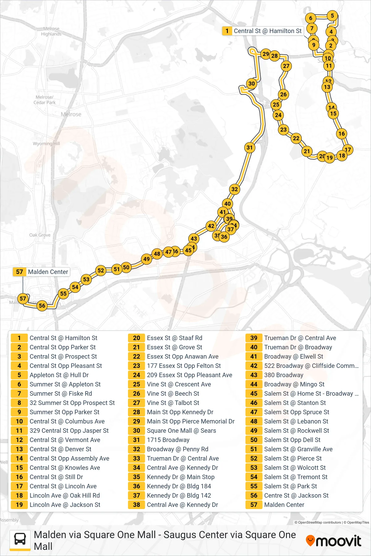 430 bus Line (Malden Via Square One Mall & Kennedy Dr) route and stops on a map