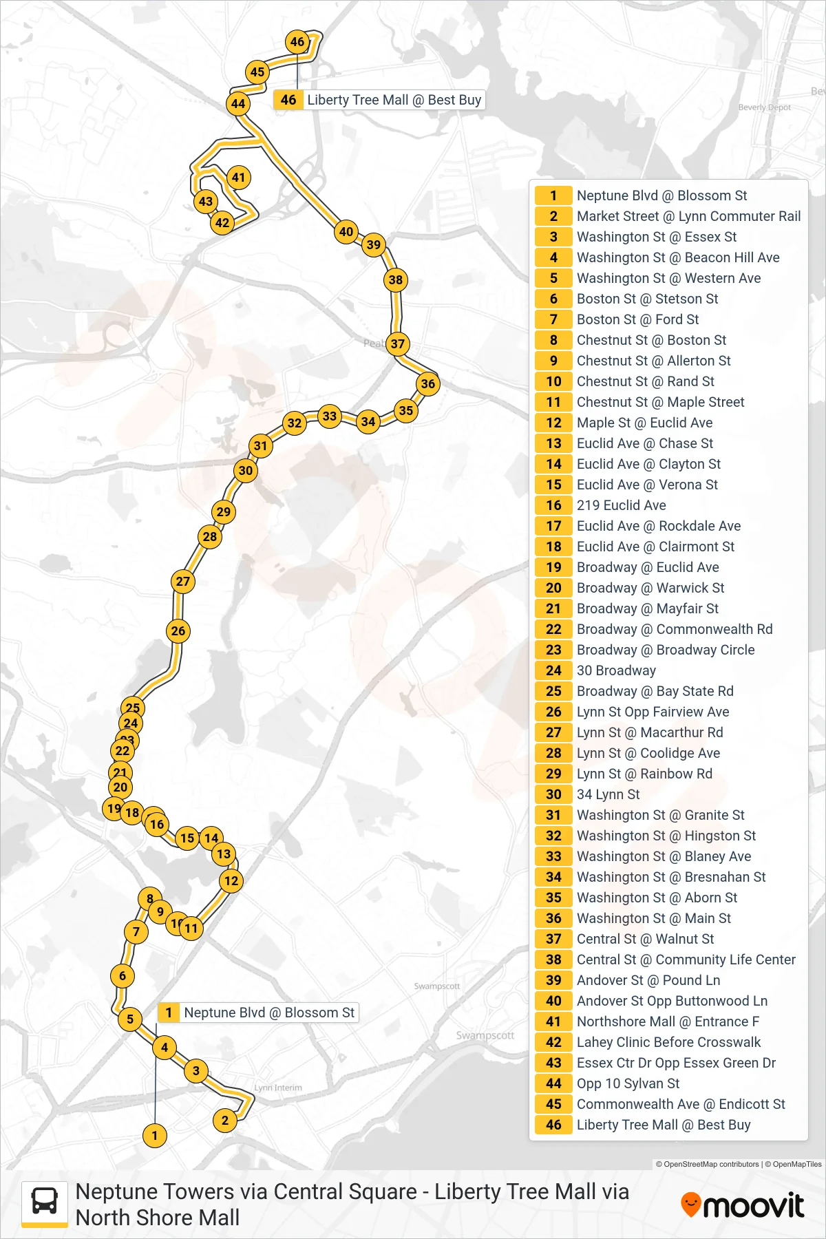 435 bus Line (Liberty Tree Mall Via North Shore Mall) route and stops on a map