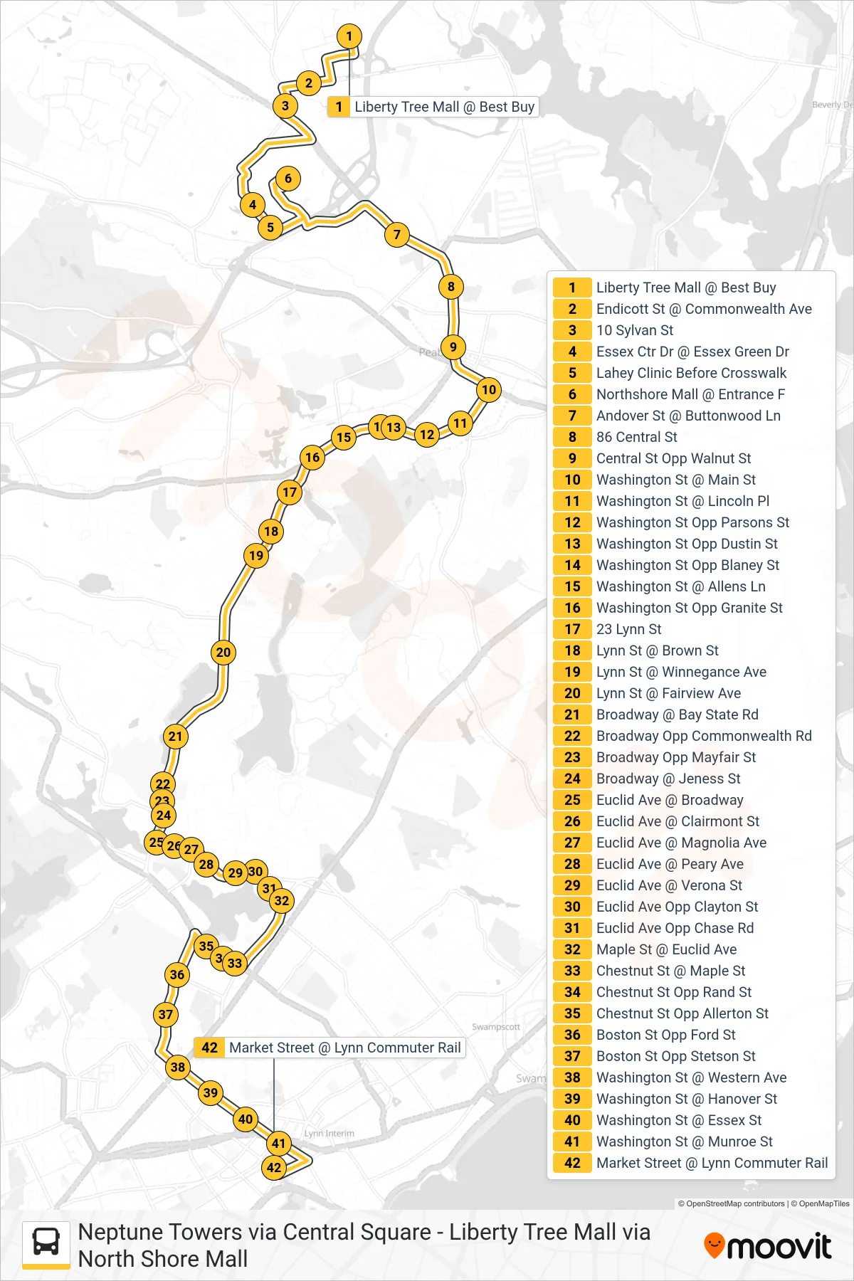 435 bus Line (Central Square Via Malls) route and stops on a map