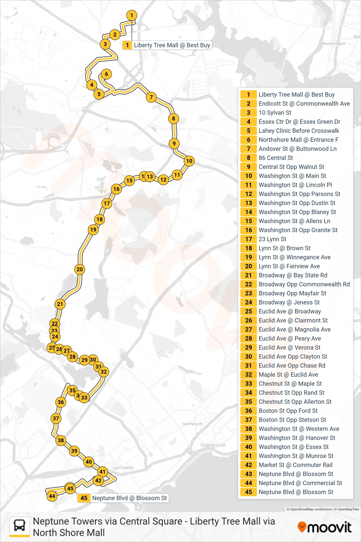 435 bus Line (Neptune Towers Via Central Square) route and stops on a map