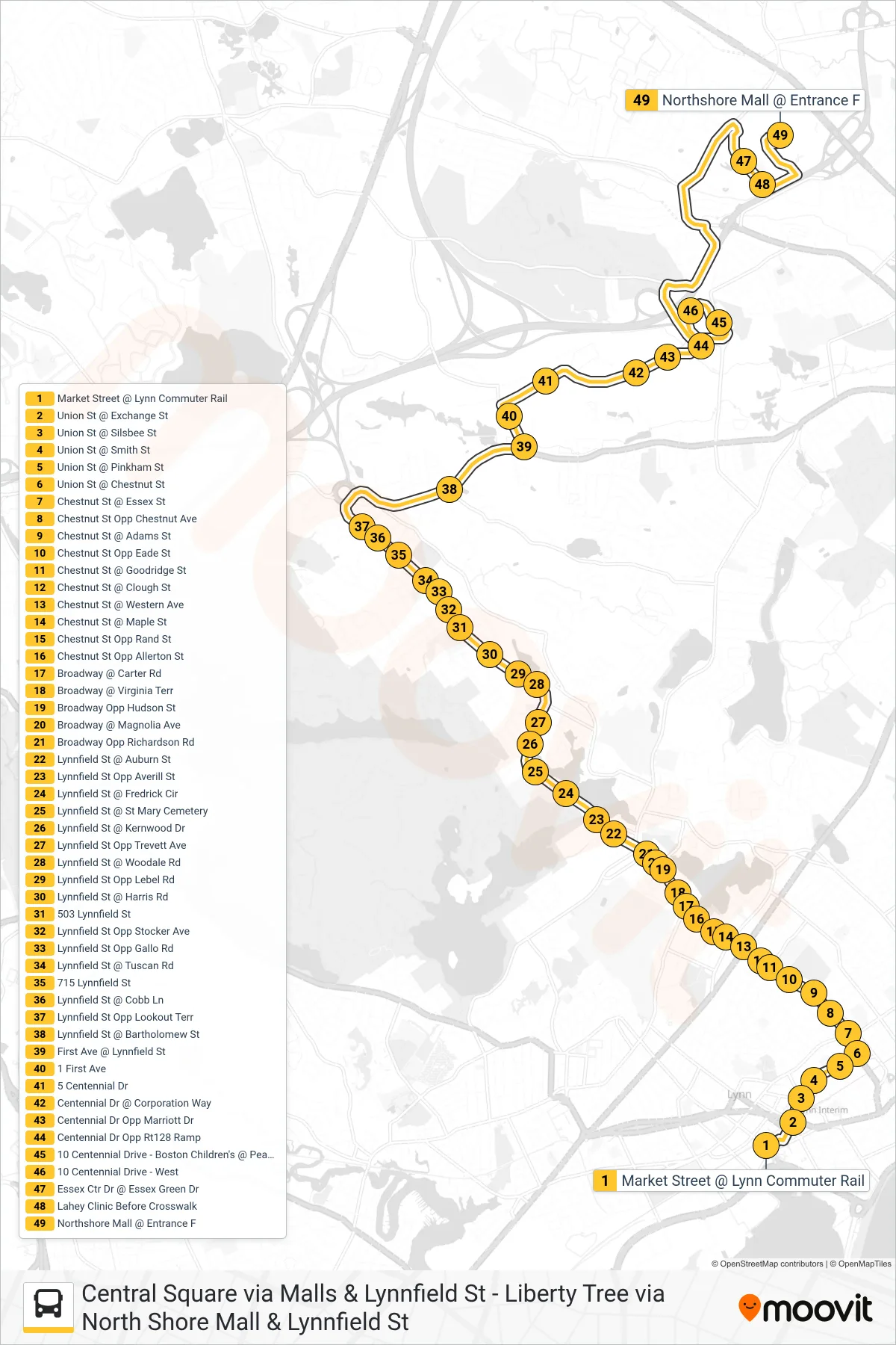 436 bus Line (North Shore Mall Via Lynnfield St) route and stops on a map