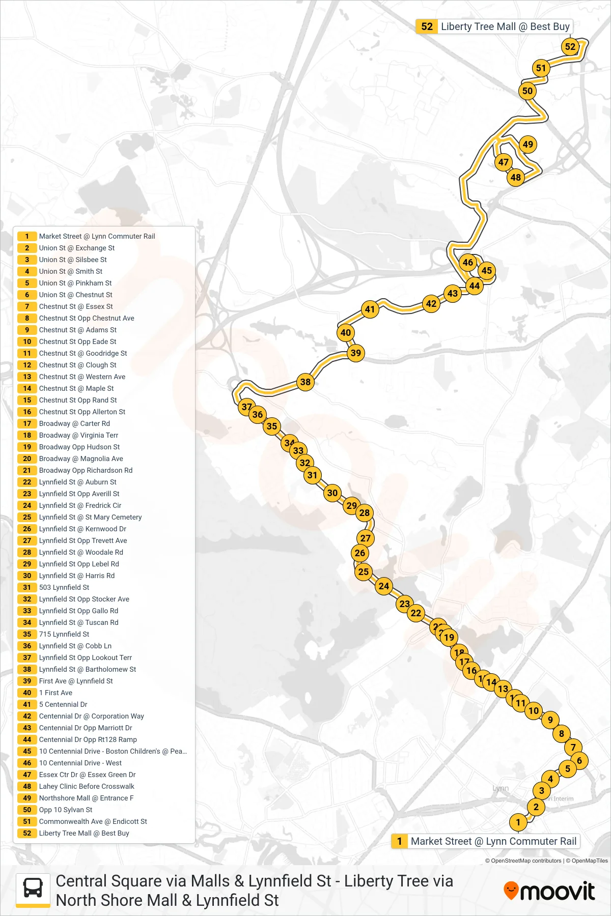 436 bus Line (Liberty Tree Via North Shore Mall & Lynnfield St) route and stops on a map