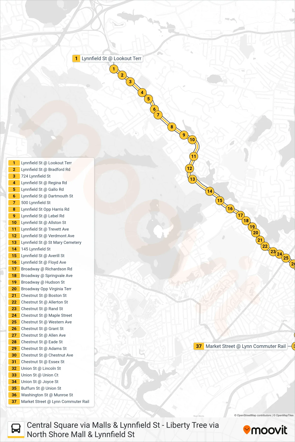 436 bus Line (Central Square) route and stops on a map