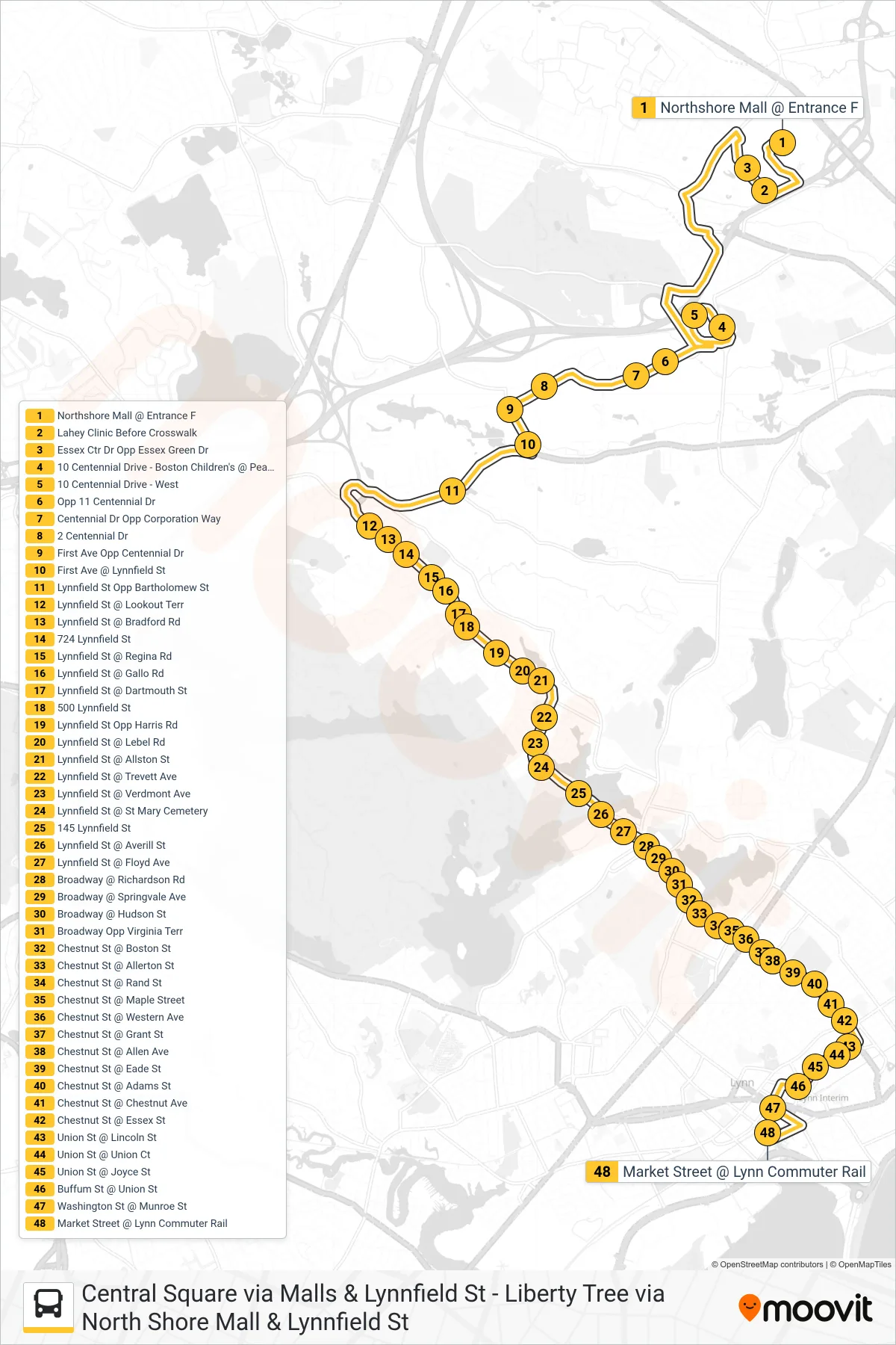 436 bus Line (Central Square Via Lynnfield St) route and stops on a map