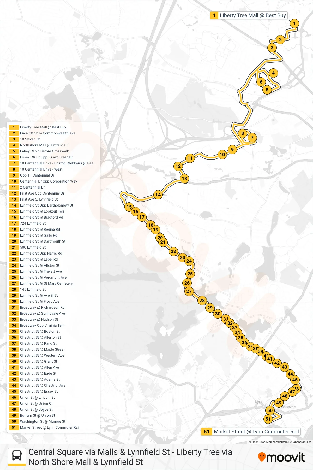 436 bus Line (Central Square Via Malls & Lynnfield St) route and stops on a map