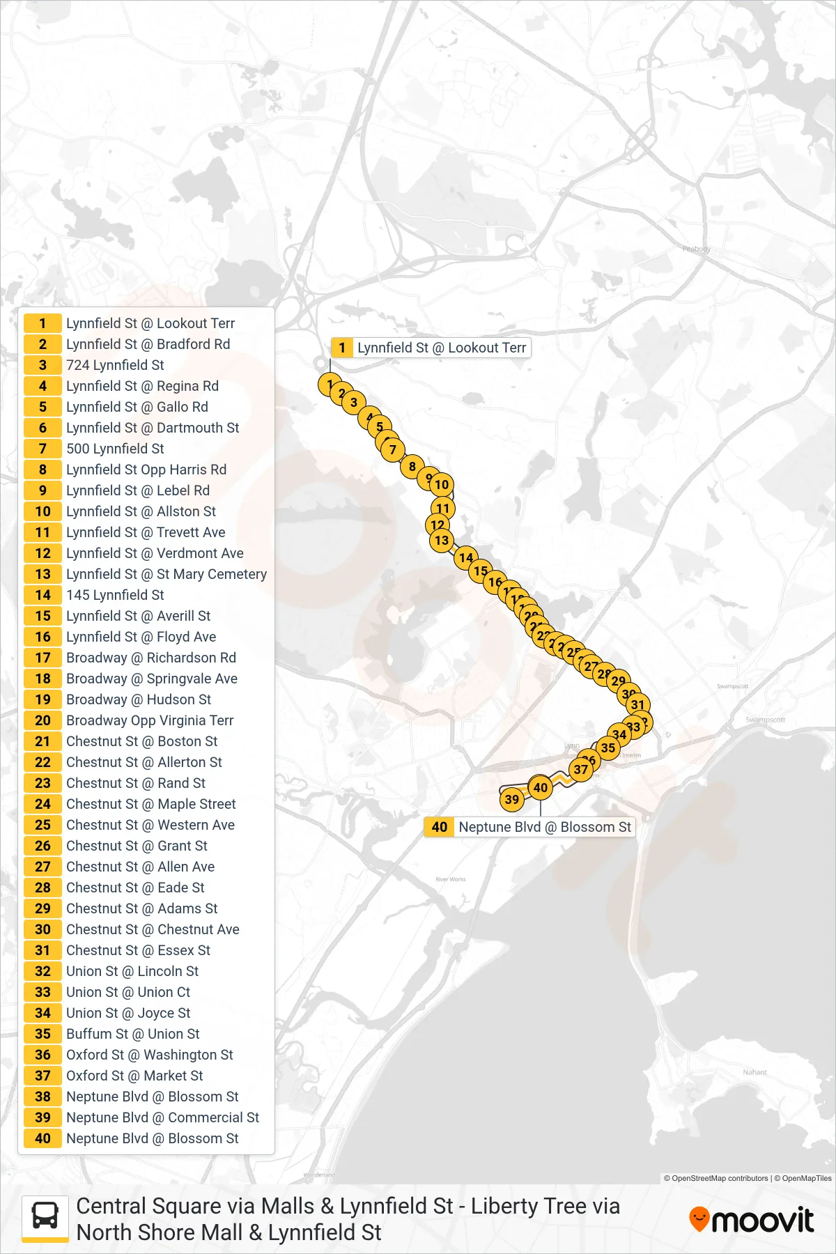 436 bus Line (Neptune Towers Via Central Square) route and stops on a map