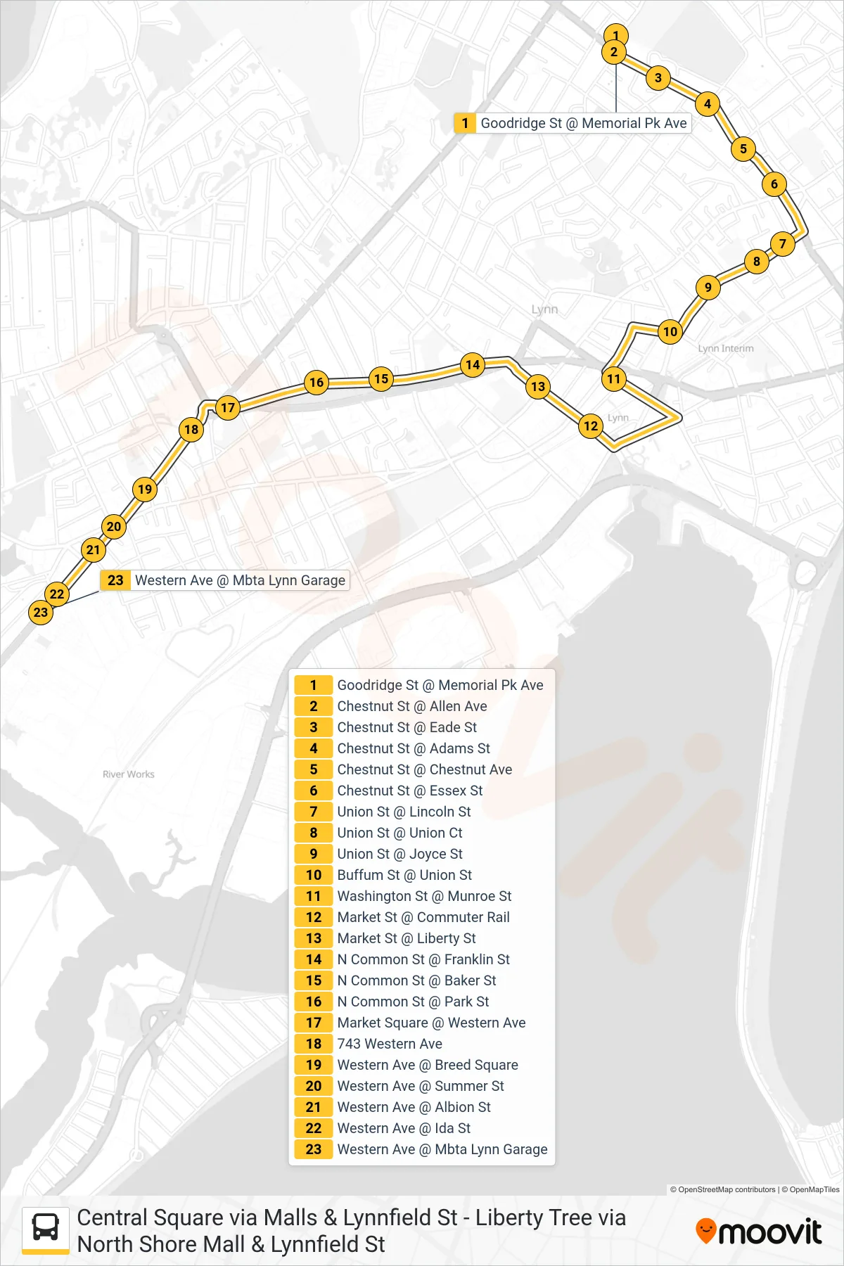 436 bus Line (West Lynn Garage Via Central Square) route and stops on a map