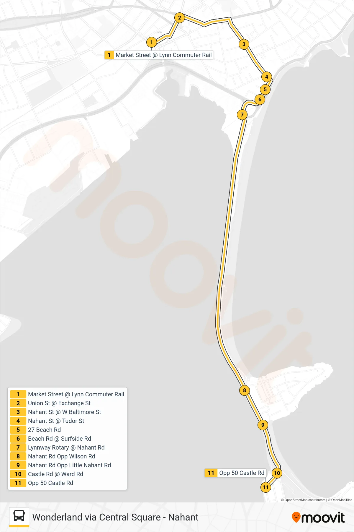 439 bus Line (Nahant) route and stops on a map