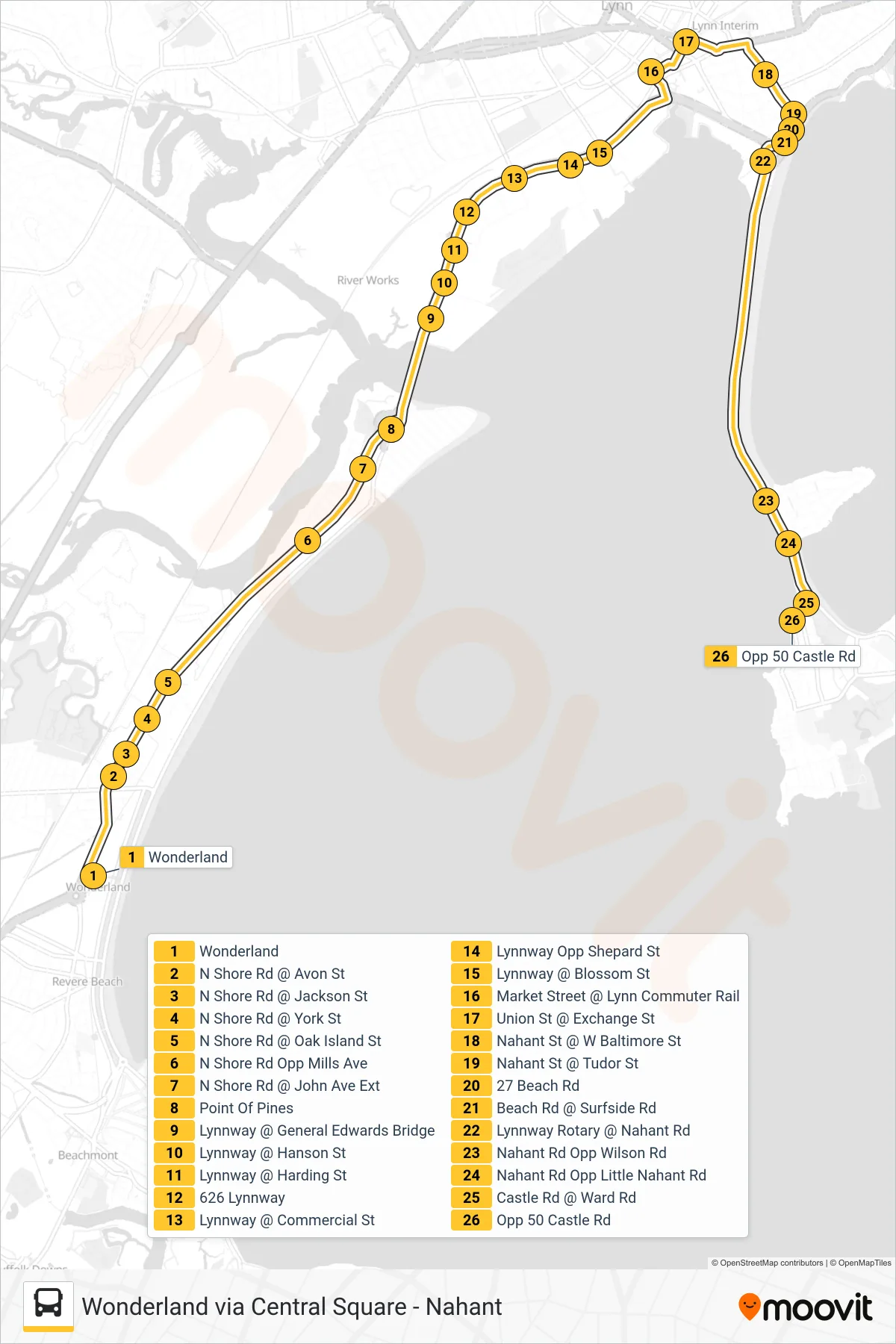 439 bus Line (Nahant Via Central Square) route and stops on a map