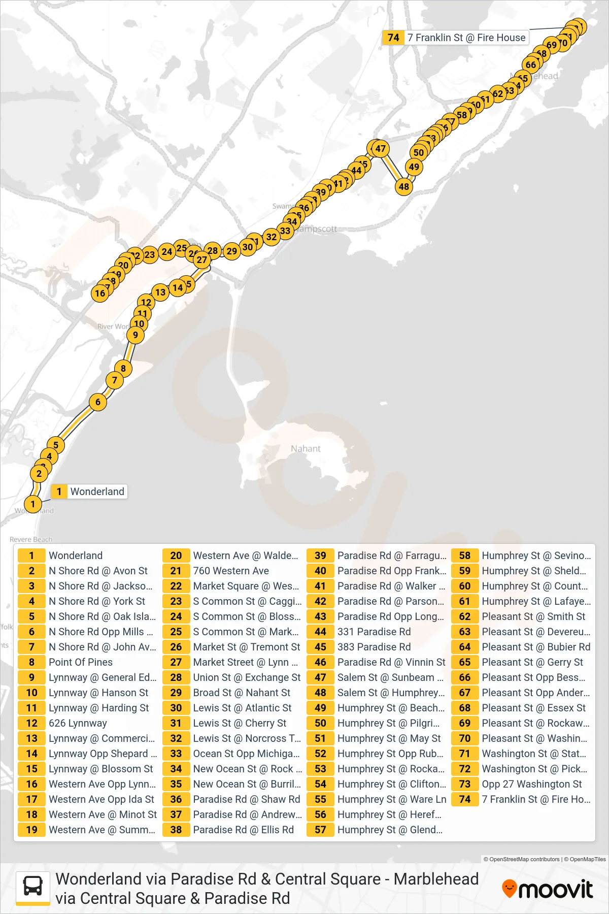441 bus Line (Marblehead Via Central Square & Paradise Rd) route and stops on a map