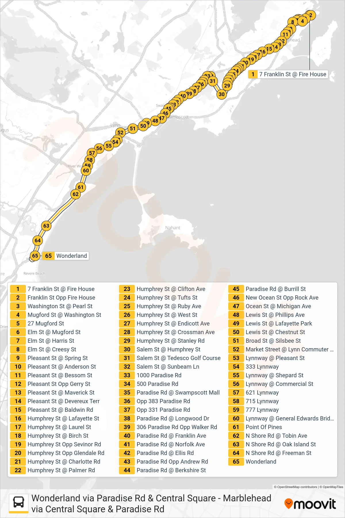 441 bus Line (Wonderland Via Paradise Rd & Central Square) route and stops on a map